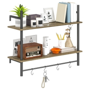 HOMCOM Wall Mounted Floating Shelves with 4 Hooks, Rustic Wall Shelf Unit for Living Room, Entryway, Grey