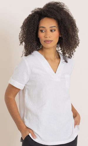 Short Sleeve Cotton V Neck Top - White