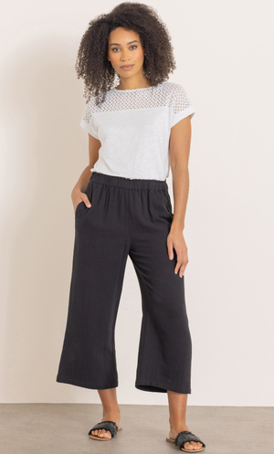 Wide Leg Cropped Cotton Pull On Trousers - Black