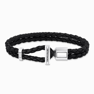 Rebel Silver Black Leather Double Bracelet