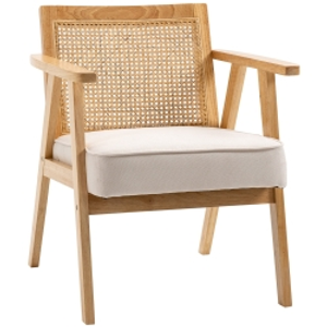 HOMCOM Sillón de Salón con Reposabrazos Respaldo de Ratán y Marco de Madera de Caucho Carga 120 kg Natural y Beige