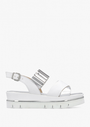 White Leather Metallic Strap Low Wedge Sandals