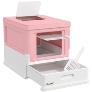 PawHut Arenero Cubierto para Gatos Desmontable con Entrada Frontal y Salida Superior con Pala 47,5x35,5x36,7 cm Rosa y Blanco