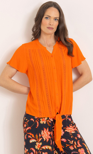 Tie Front Short Sleeve Blouse - Neon/Orange