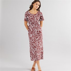 Onfire Womens Smocked Waist Midi Dress Burgundy Print