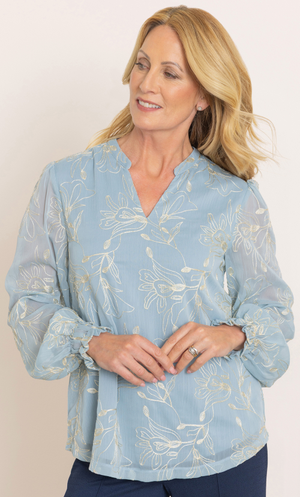Anna Rose Shimmer Embroidered Top - Azure