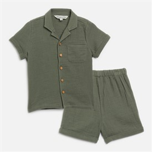 Kangaroo Poo Infant Boys Cheese Cloth Shirt And Shorts Co-Ord Set Khaki
