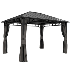 Outsunny 3 x 4m Hardtop Gazebo with Galvanised Steel Roof and Water Gutter, Waterproof Permanent Pavilion Garden Gazebo with Netting and Curtains for Patio, Deck