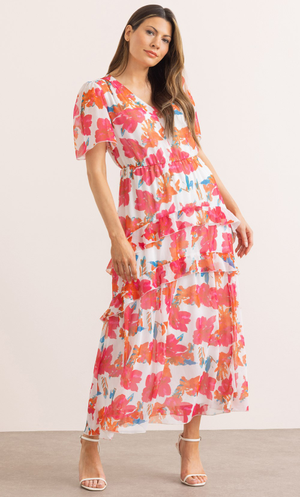 Floral Print Short Sleeve Maxi Dress - Ivory/Multi
