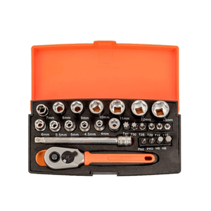 Bahco SL25 - 1/4" Square Drive Socket Set with Metric Hex Profile and Screwdriver Bits/Bit Holder