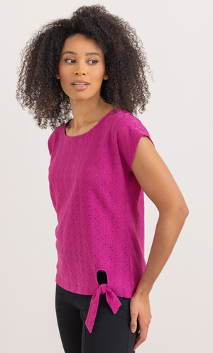 Eyelet Embroidered Tie Front Jersey Top - Lipstick