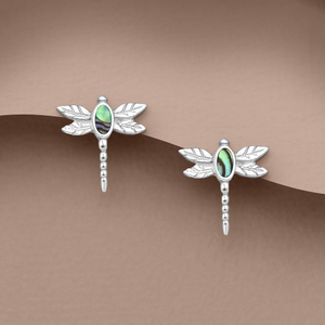 Tempest Meadow Silver Oval Abalone Dragonfly Stud Earrings