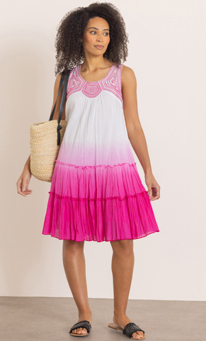 Embroidered Ombre Sleeveless Cotton Dress - White/Pink