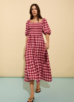 Davina Gingham Midi Dress - UK 16 | EU 42 | US 12 / Pink & Burgundy Gingham