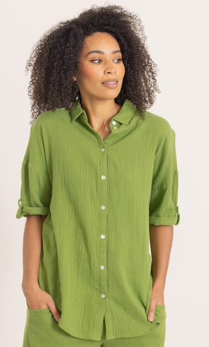 Drop Shoulder Textured Cotton Shirt - Moss