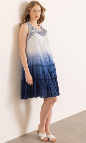 Embroidered Ombre Sleeveless Cotton Dress - White/Blue