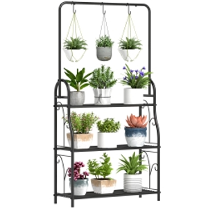 Outsunny Estantería para Plantas de 3 Niveles con Ganchos de Metal Barra para Colgar para Interior y Exterior Negro