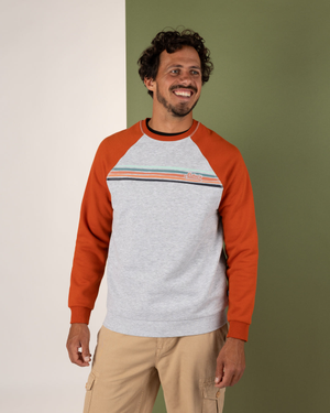 Torn Stripe Mens Raglan Sweat in Orange/Grey