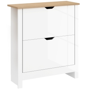 HOMCOM Slim Shoe Cabinet, Narrow Shoe Cupboard with 2 Flip Drawers, Adjustable Shelves for 12 Pairs of Shoes, High Gloss White