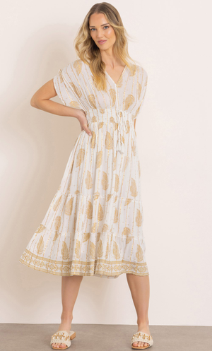 Lurex Stripe And Leaf Print Midi Dress - White/Lt Gold