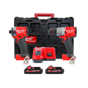 Milwaukee M18FPP2A3-302P 18V Cordless FUEL Combi Drill & Impact Driver Twin Kit With 2 x 3.0Ah High Output Power Batteries, Charger & Case