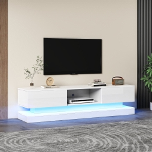 TV Table with 16-color LED Lights & 4 Dynamic Modes, High Gloss Front Panel & 2 Drawers, Up to 79 TV Size - White