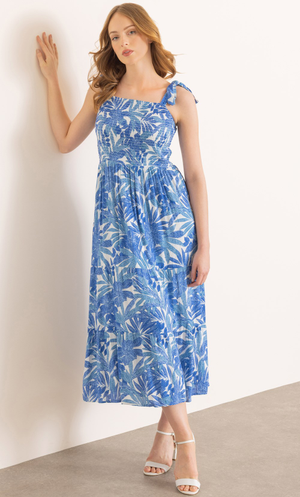 Leaf Print Smocked Maxi Dress - Blue/White