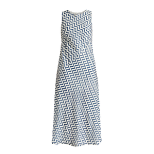 A-Line Midaxi Dress In Zigzag Pattern In White And Blue (S)