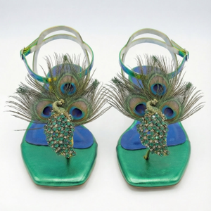 Argus & Hera -Peacock Feathers Jeweled Leather Sandals (8 UK)