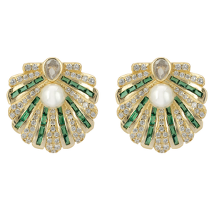 Art Deco Scallop Shell Earrings Emerald Green With Pearl Gold