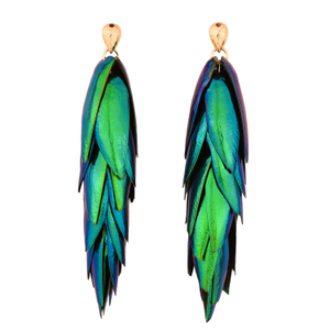 Beetle Earrings Long Metallic Green Natural Recycled Scarab Insect Wings & Gold Drop