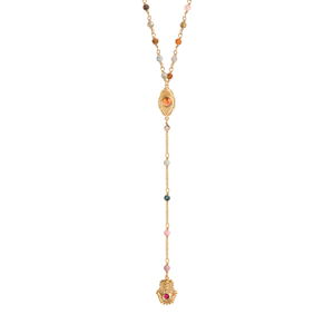 Tourmaline Evil Eye Hamsa Gold Lariat Necklace – Protection & Balance Jewelry – Benevolent Spirit