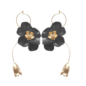 Black Flower Drop Earrings With Gold Bell Flower Charms