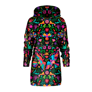 Black Mexican Folk Oversize Hoodie Dress (XXL)