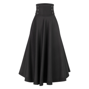 Black Wool Floor Length Skirt With Hight Waist & Front Buttons (XL)