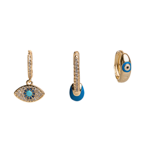 Blue Evil Eye Gold & Diamond Trio Hoop Earring Set - Gold