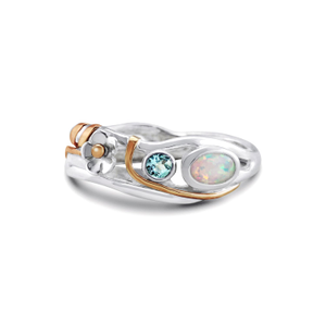 Blue Topaz & White Fire Opal Flower Ring (P (UK))