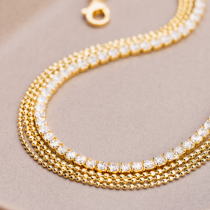 Signature Gold Plated CZ & Bead Three Strand Tennis Anklet