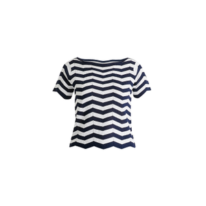 Boat Neck Knit Top In Zigzag Pattern In Navy And White (M)