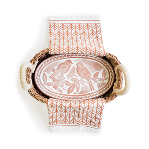 Bread Warmer & Basket Gift Set With Light Brown Tea Towel - Lovebird Oval