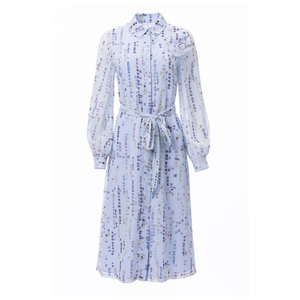 Button Down Shirt Dress With Illusion Puff Long Sleeve & Pockets In Multi-Color Abstract Print (M)