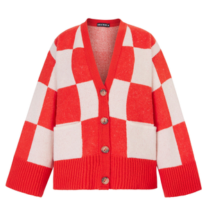 Candice Checked Wide Sleeve Cardigan - Red & White (S)