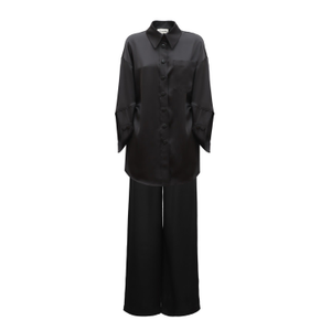 Chic Satin Shirt And Pants Two-Piece Set Black (M)