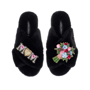 Classic Laines Mother's Day Slippers With Floral Bouquet & Mum / Mom Brooches - Black (S)