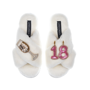 Classic Laines Slippers With 18Th Birthday & Champagne Glass Brooches - Cream (M)