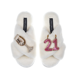 Classic Laines Slippers With 21St Birthday & Champagne Glass Brooches - Cream (M)