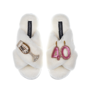 Classic Laines Slippers With 40Th Birthday & Champagne Glass Brooches - Cream (L)
