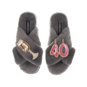 Classic Laines Slippers With 40Th Birthday & Champagne Glass Brooches - Grey (S)