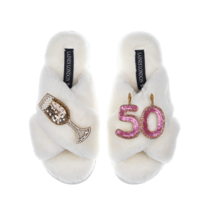 Classic Laines Slippers With 50Th Birthday & Champagne Glass Brooches - Cream (L)