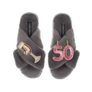 Classic Laines Slippers With 50Th Birthday & Champagne Glass Brooches - Grey (L)